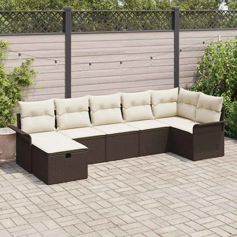 Conjunto de sofá de jardín 7 pcs Marrón y crema ratán sintético