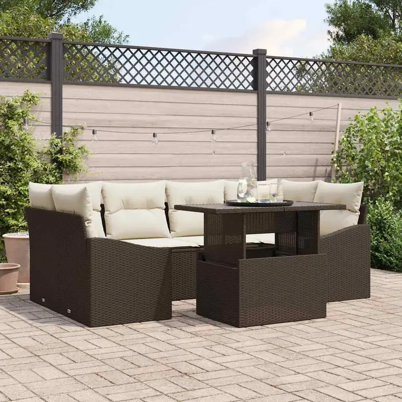 Conjunto de sofá de jardín 7 pcs Marrón y crema ratán sintético