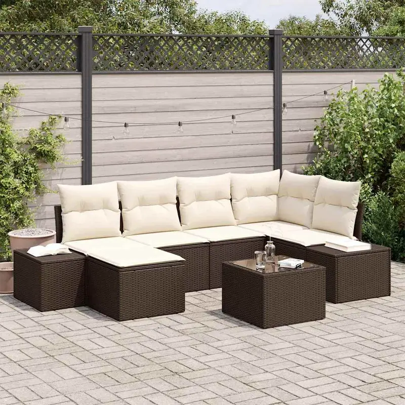 Conjunto de sofá de jardín 7 pcs Marrón y crema ratán sintético