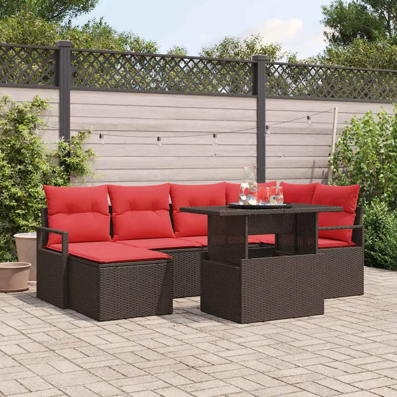 Conjunto de sofá de jardín 7 pcs Marrón y Rojo Poliratán