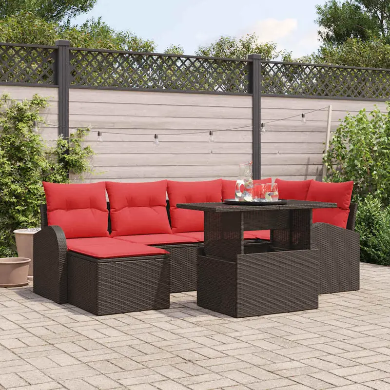 Conjunto de sofá de jardín 7 pcs Marrón y Rojo ratán sintético
