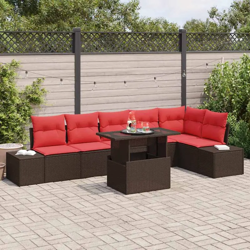 Conjunto de sofá de jardín 7 pcs Marrón y Rojo ratán sintético