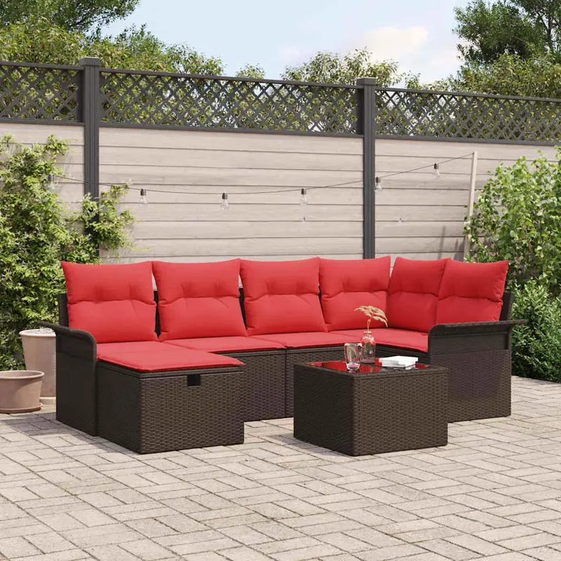 Conjunto de sofá de jardín 7 pcs Marrón y Rojo ratán sintético