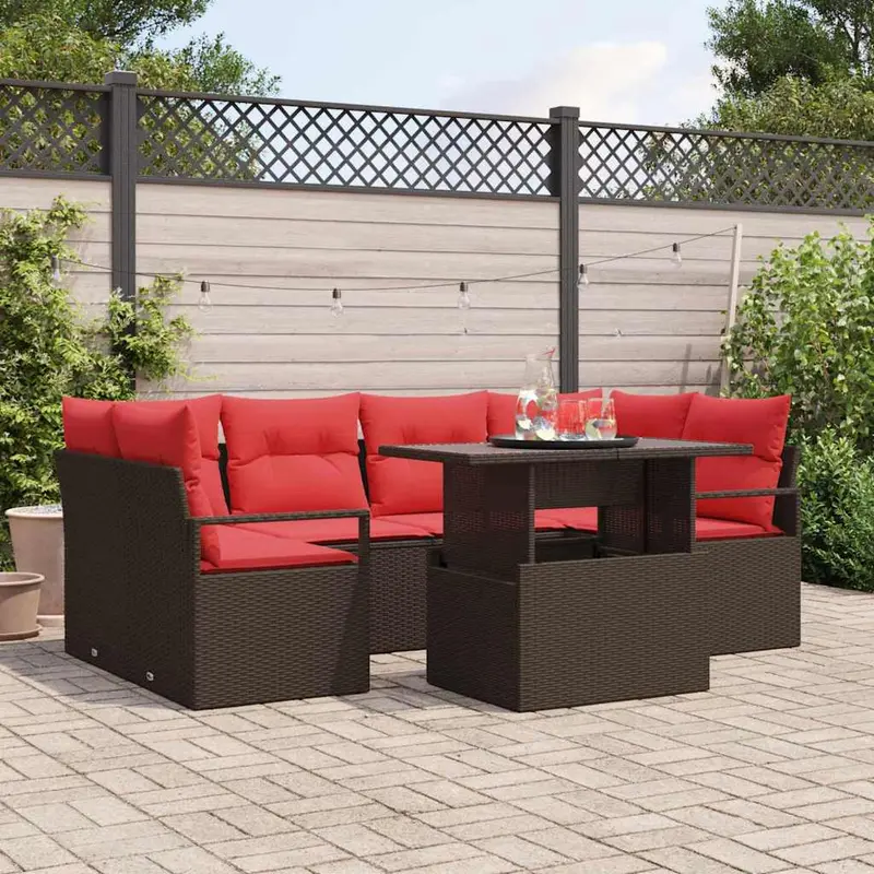 Conjunto de sofá de jardín 7 pcs Marrón y rojo ratán sintético