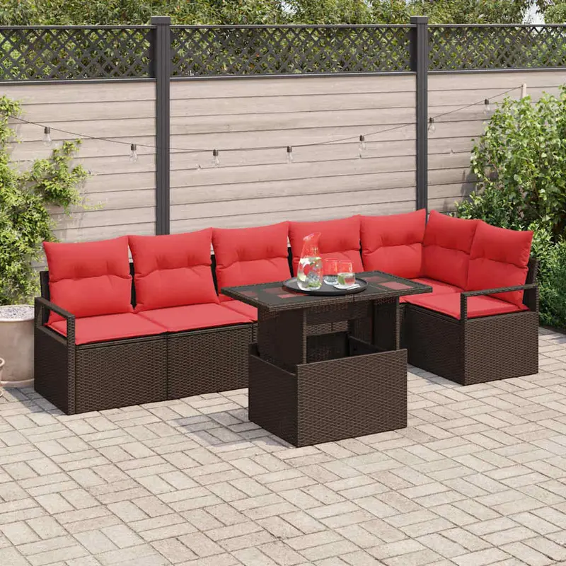 Conjunto de sofá de jardín 7 pcs Marrón y Rojo ratán sintético