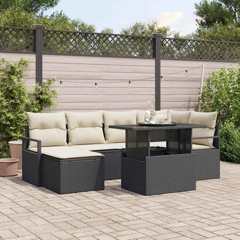 Conjunto de sofá de jardín 7 pcs Negro Poliratán