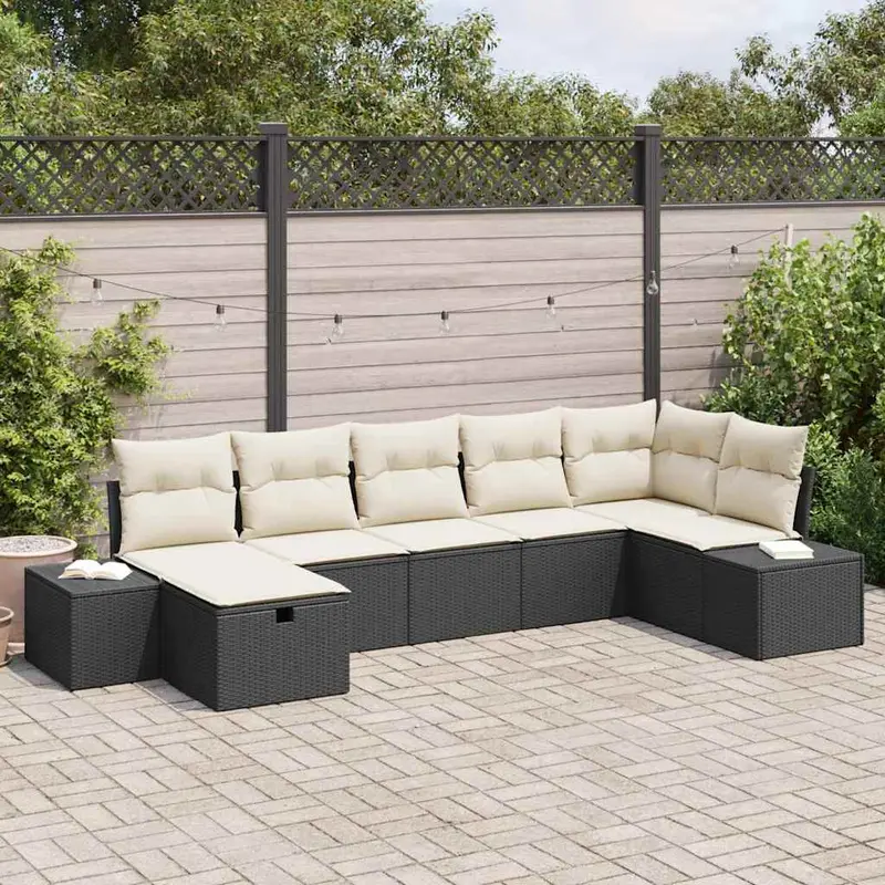 Conjunto de sofá de jardín 7 pcs Negro ratán sintético