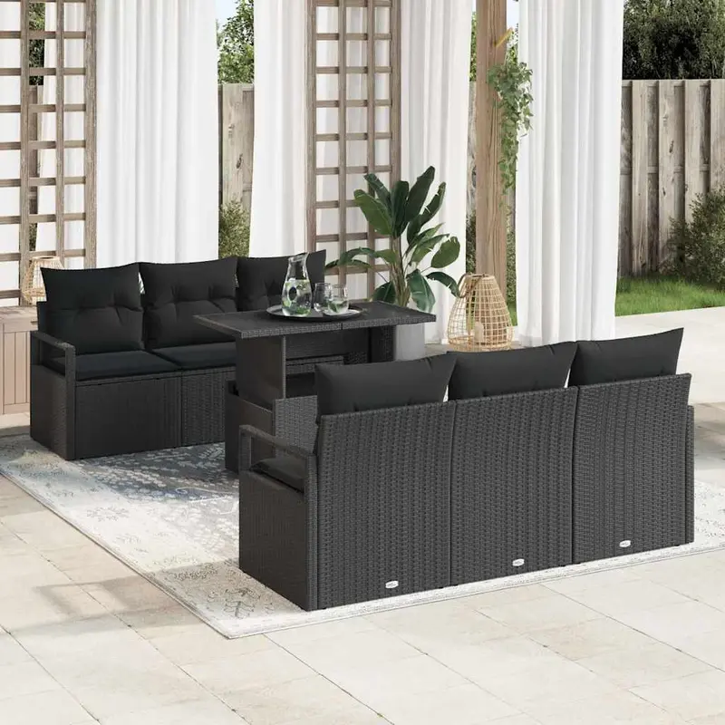 Conjunto de sofá de jardín 7 pcs Negro ratán sintético