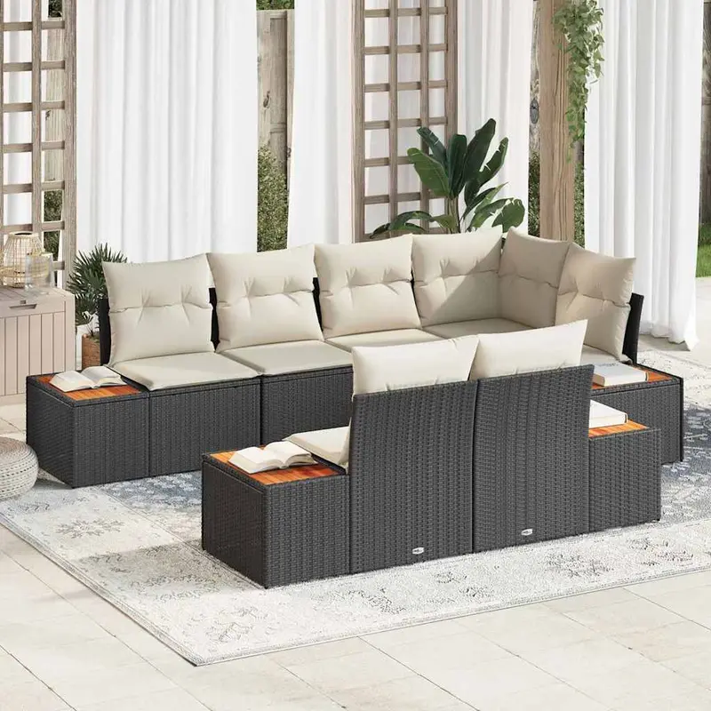 Conjunto de sofá de jardín 7 pcs Negro ratán sintético