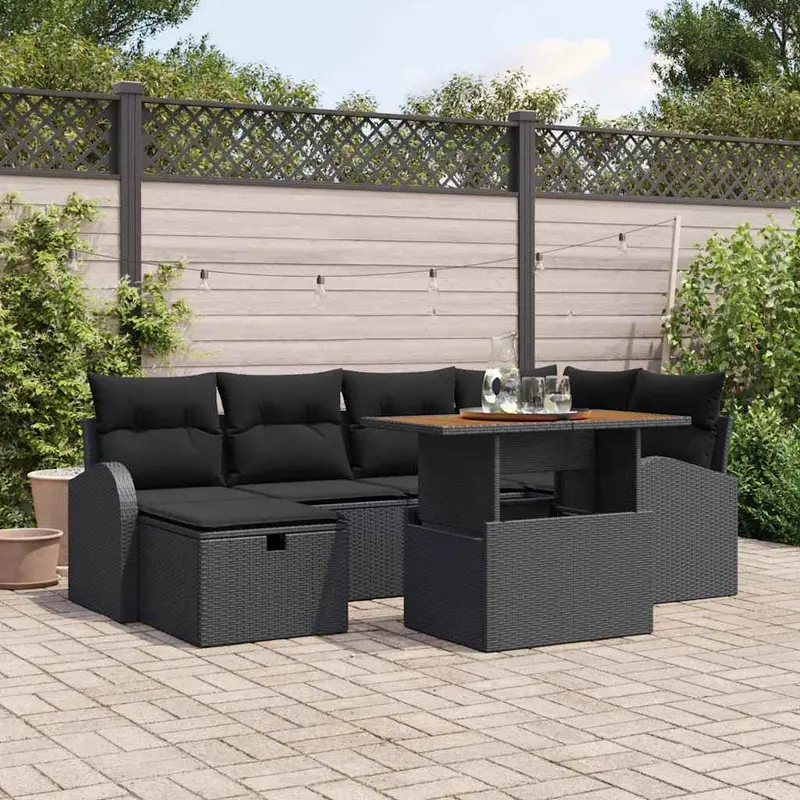 Conjunto de sofá de jardín 7 pcs Negro ratán sintético