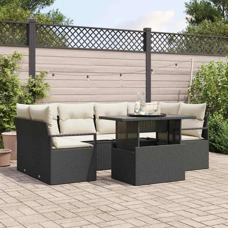 Conjunto de sofá de jardín 7 pcs Negro ratán sintético