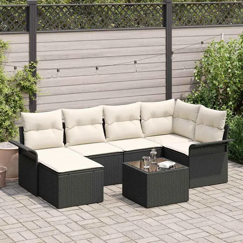Conjunto de sofá de jardín 7 pcs Negro ratán sintético