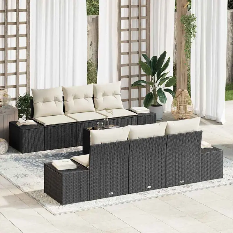 Conjunto de sofá de jardín 7 pcs Negro ratán sintético
