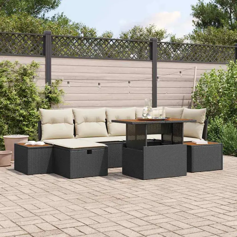 Conjunto de sofá de jardín 7 pcs Negro ratán sintético