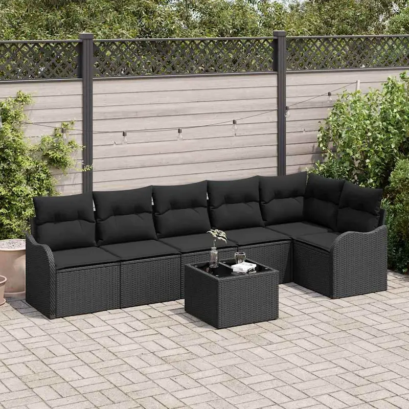 Conjunto de sofá de jardín 7 pcs Negro ratán sintético