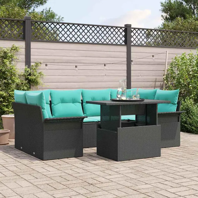 Conjunto de sofá de jardín 7 pcs Negro Rattan de Poliéster