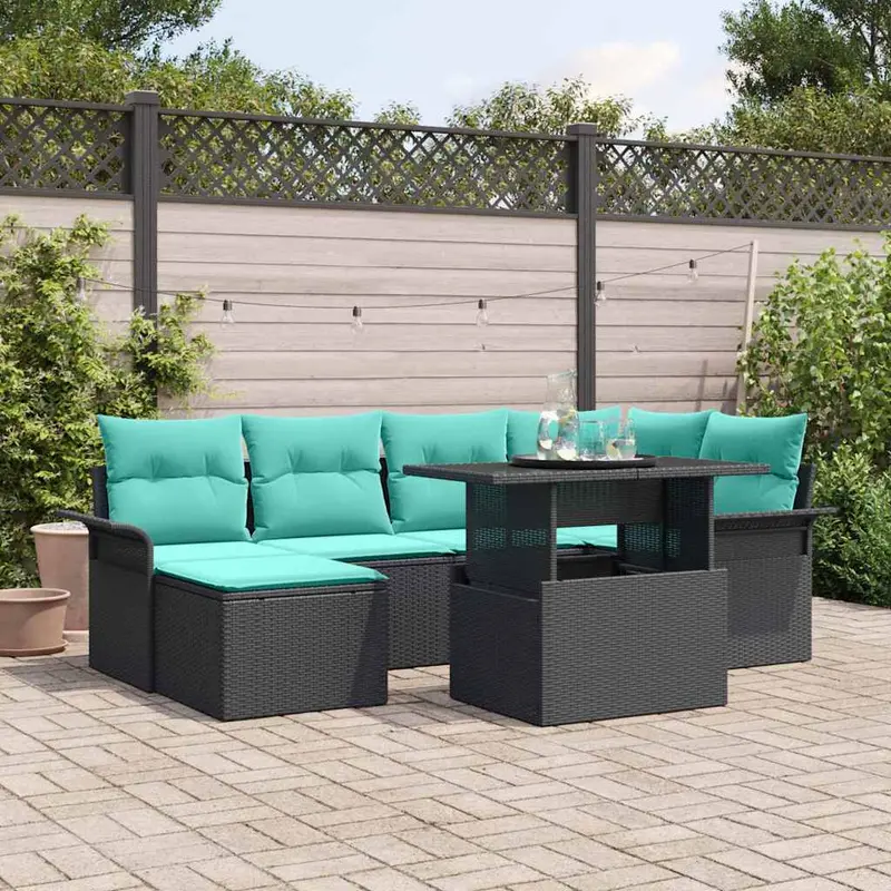 Conjunto de sofá de jardín 7 pcs Negro Rattan de Poliéster
