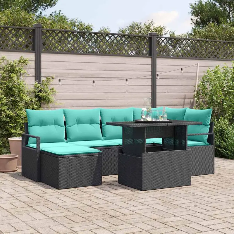 Conjunto de sofá de jardín 7 pcs Negro y azul Poliratán