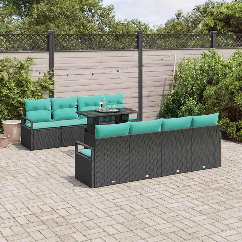 Conjunto de sofá de jardín 7 pcs Negro y azul ratán sintético