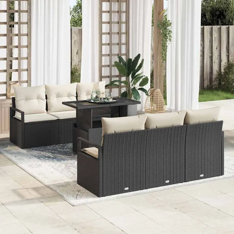 Conjunto de sofá de jardín 7 pcs Negro y crema ratán sintético