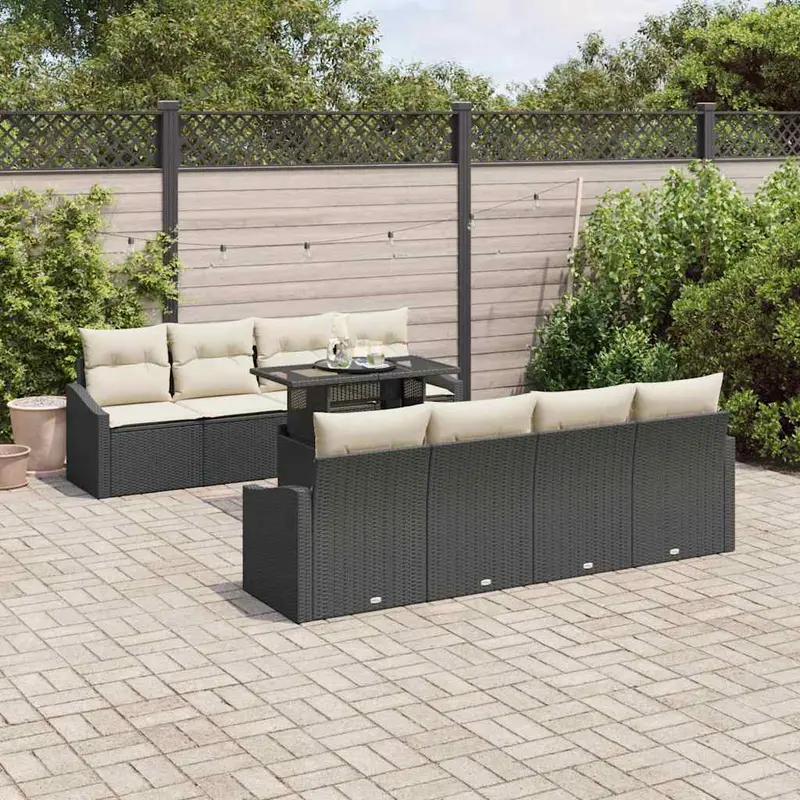 Conjunto de sofá de jardín 7 pcs Negro y crema ratán sintético