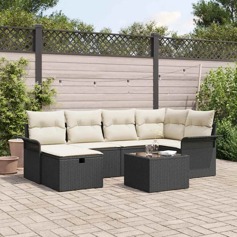 Conjunto de sofá de jardín 7 pcs Negro y crema ratán sintético