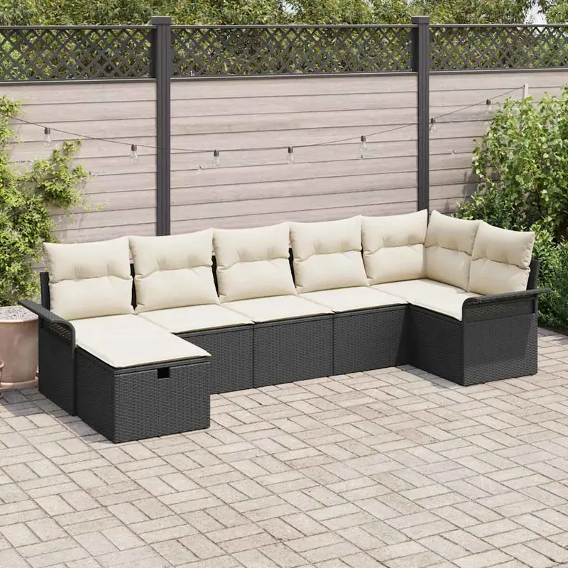 Conjunto de sofá de jardín 7 pcs Negro y crema ratán sintético