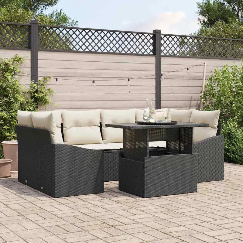 Conjunto de sofá de jardín 7 pcs Negro y crema ratán sintético