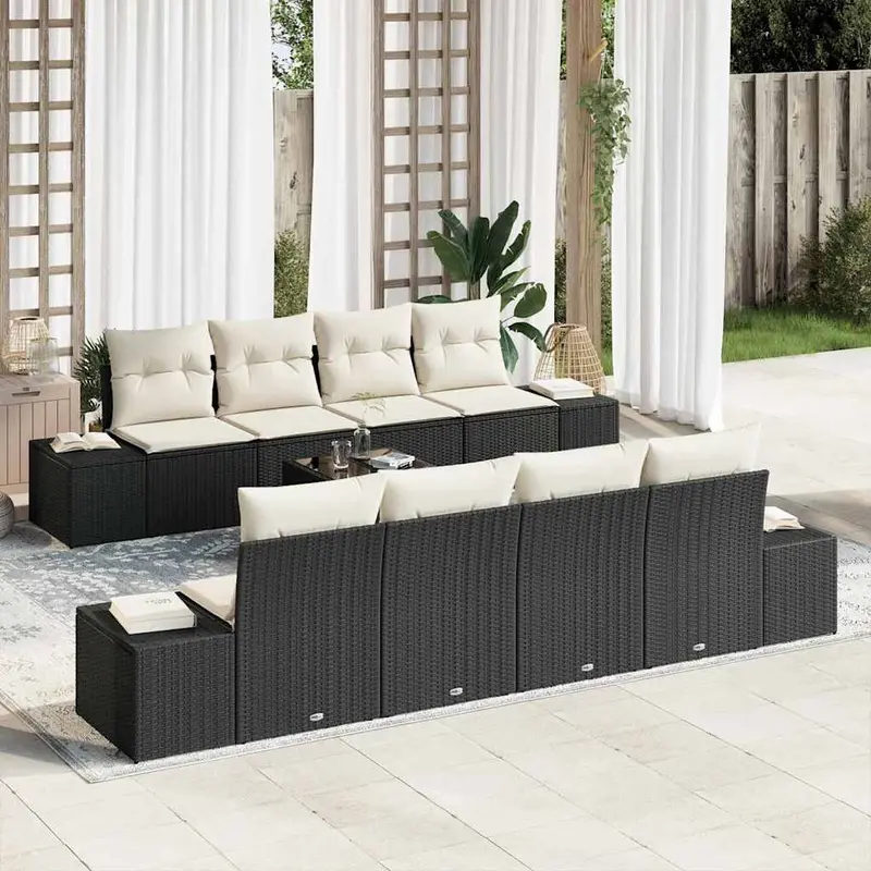 Conjunto de sofá de jardín 7 pcs Negro y crema ratán sintético
