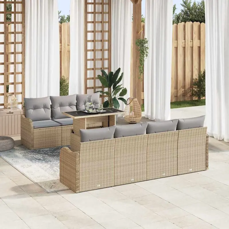 Conjunto de sofá de jardín 8 pcs Beige Rattan de Poliéster