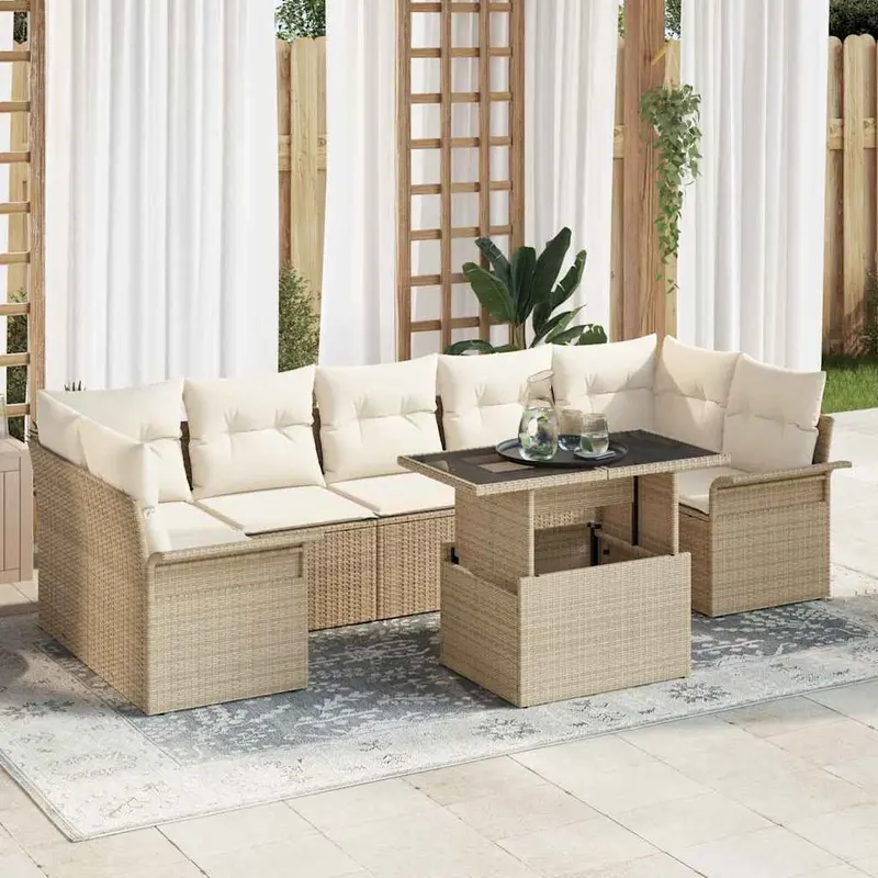 Conjunto de sofá de jardín 8 pcs Beige Rattan de Poliéster