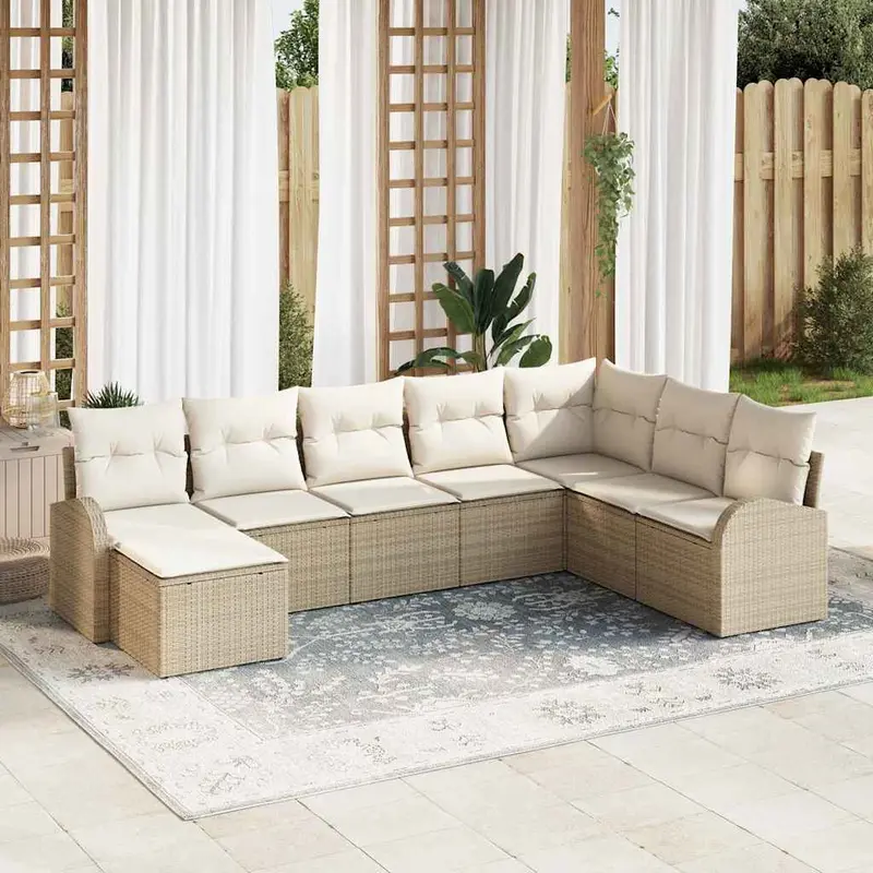 Conjunto de sofá de jardín 8 pcs Beige Rattan de Poliéster