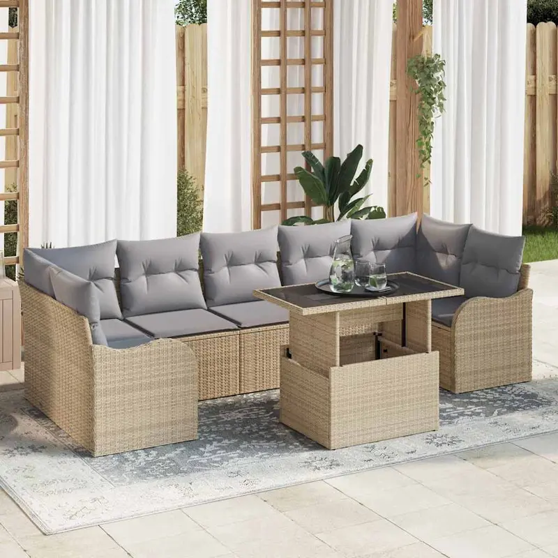 Conjunto de sofá de jardín 8 pcs Beige Rattan de Poliéster