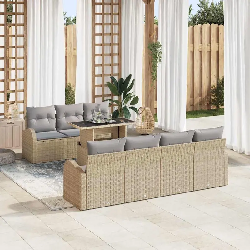 Conjunto de sofá de jardín 8 pcs Beige Rattan de Poliéster