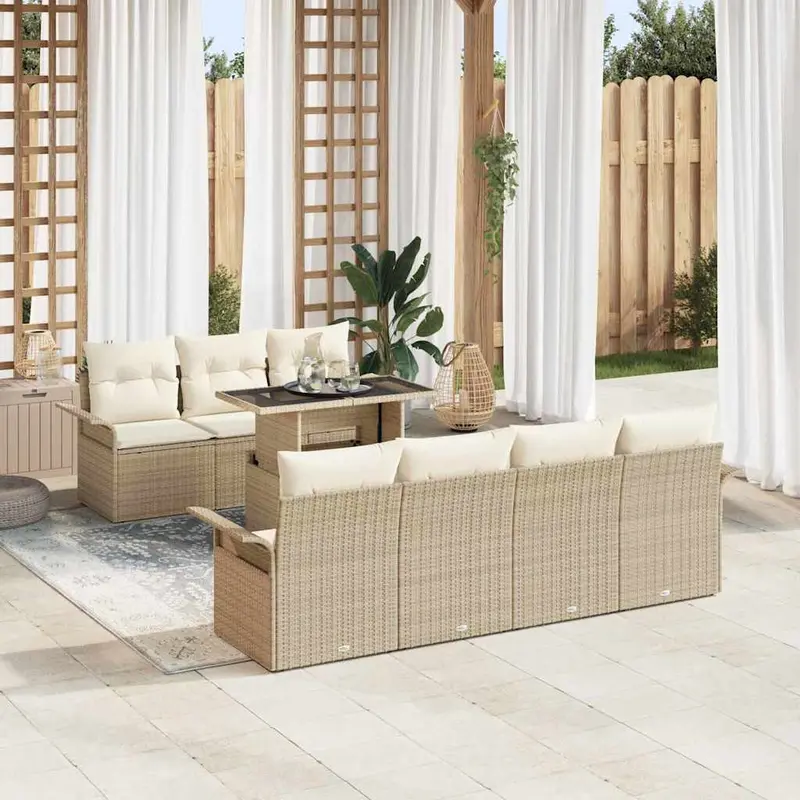 Conjunto de sofá de jardín 8 pcs Beige Rattan de Poliéster