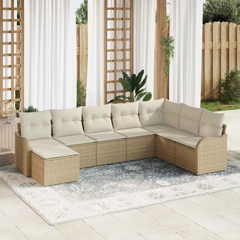 Conjunto de sofá de jardín 8 pcs Beige y blanco Poliratán