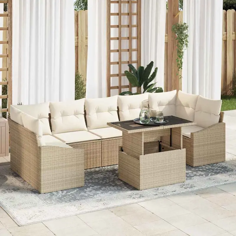 Conjunto de sofá de jardín 8 pcs beige y crema ratán sintético