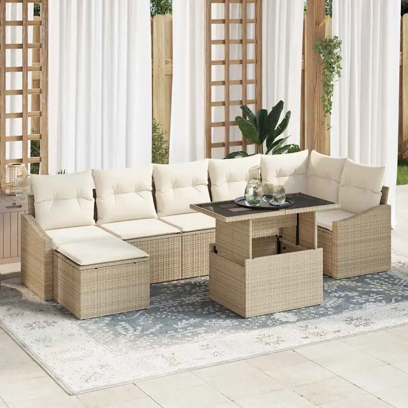 Conjunto de sofá de jardín 8 pcs Beige y Crema ratán sintético