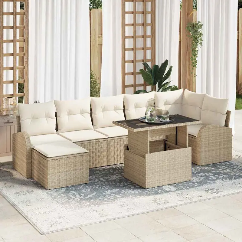 Conjunto de sofá de jardín 8 pcs Beige y Crema ratán sintético