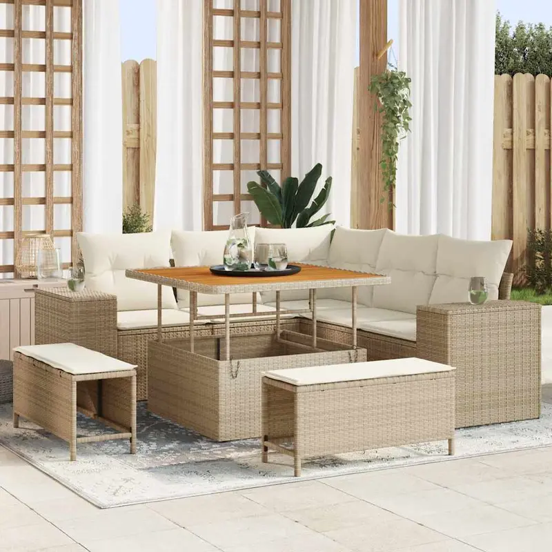 Conjunto de sofá de jardín 8 pcs Beige y Crema ratán sintético