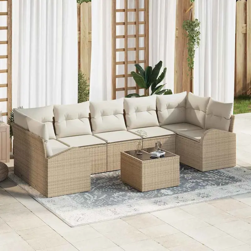 Conjunto de sofá de jardín 8 pcs Beige y Crema ratán sintético