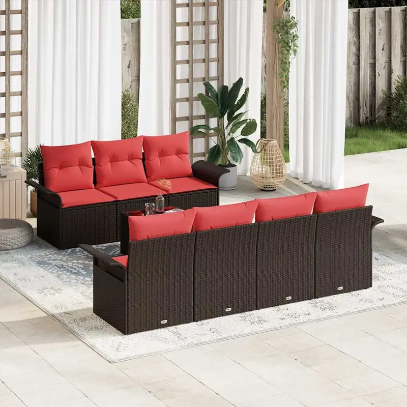 Conjunto de sofá de jardín 8 pcs Beige y Rojo ratán sintético