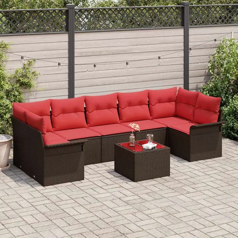 Conjunto de sofá de jardín 8 pcs Beige y Rojo ratán sintético