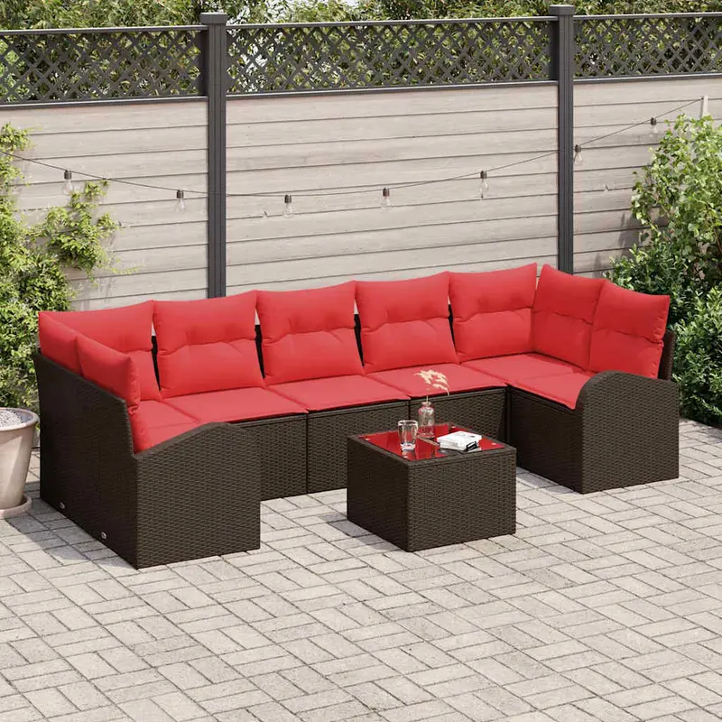 Conjunto de sofá de jardín 8 pcs Beige y Rojo ratán sintético