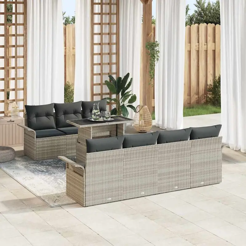 Conjunto de sofá de jardín 8 pcs Gris Claro Rattan de Poliéster