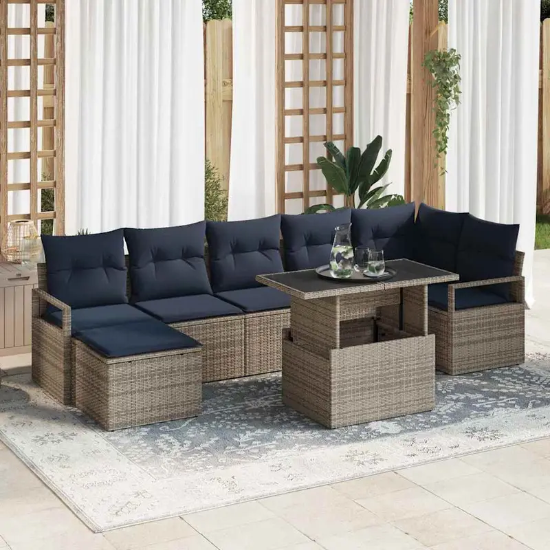 Conjunto de sofá de jardín 8 pcs Gris y azul marino