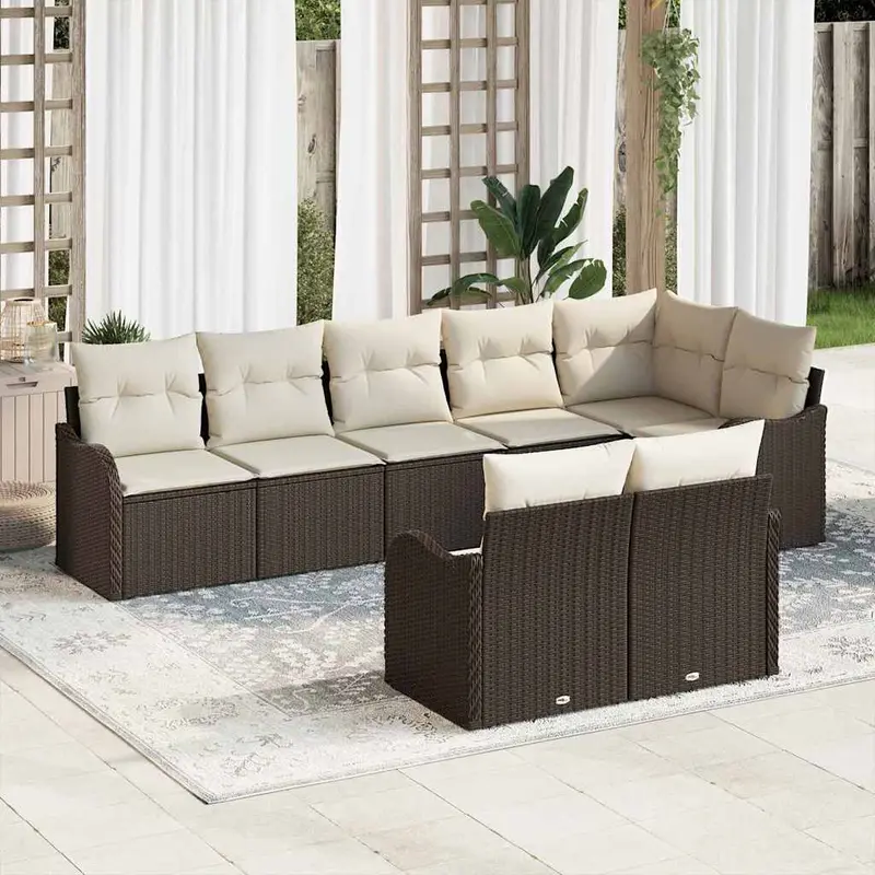 Conjunto de sofá de jardín 8 pcs Marrón y blanco Poliratán