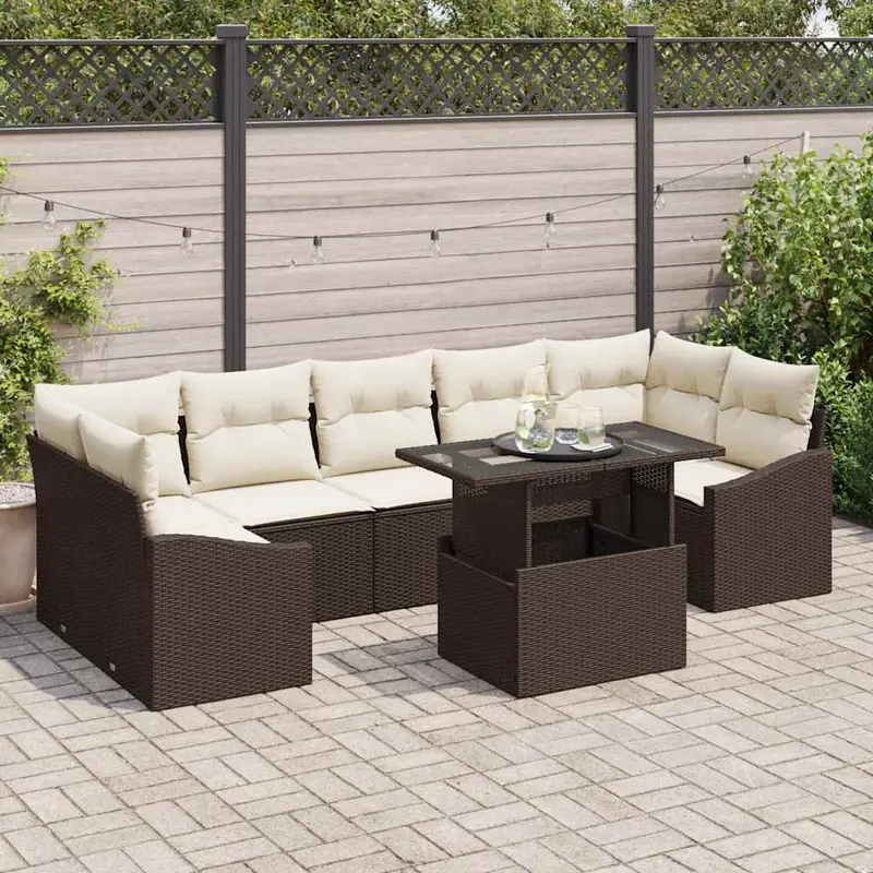 Conjunto de sofá de jardín 8 pcs Marrón y crema ratán sintético