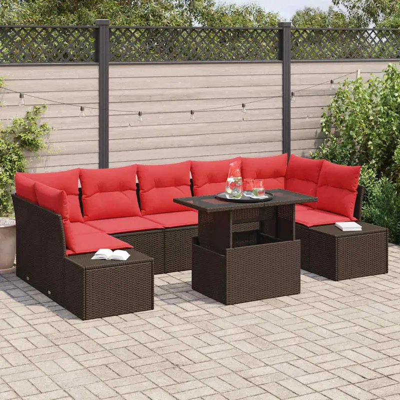 Conjunto de sofá de jardín 8 pcs Marrón y Rojo ratán sintético