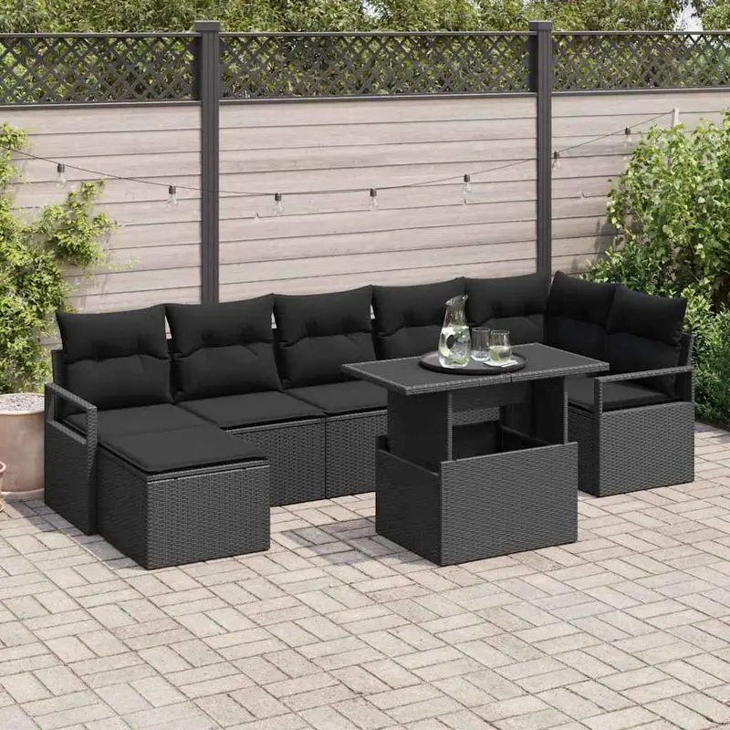Conjunto de sofá de jardín 8 pcs Negro ratán sintético
